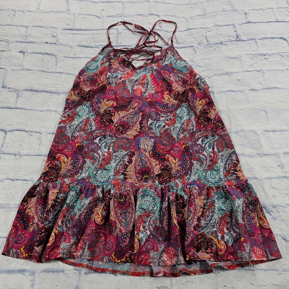 Sunsets Riviera Dress Womens M Paisley Peacock Pink Boho Lace Up Back Cover Up